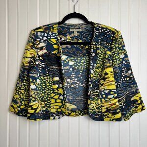 Maya Brooke blue yellow patterned 3/4 sleeve crop blazer size 8 P24